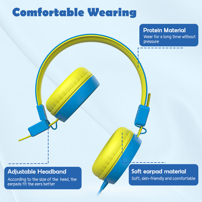 Kids Headphones with Microphone with 85dB/94dB Safe Volume Control Foldable Headphones for School/Travel/Airplane/Smartphone/Kindle/Tablet (Blue/Yellows)