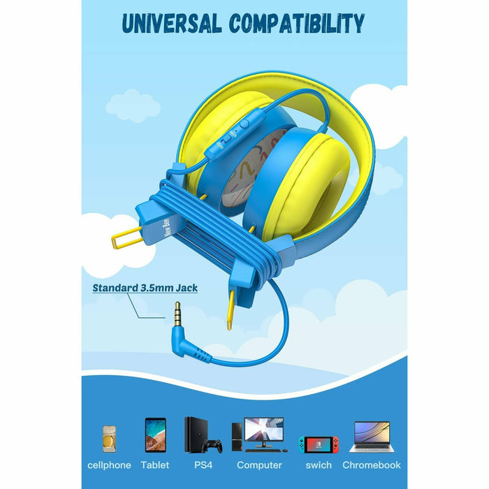 Kids Headphones with Microphone with 85dB/94dB Safe Volume Control Foldable Headphones for School/Travel/Airplane/Smartphone/Kindle/Tablet (Blue/Yellows)