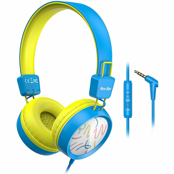 Kids Headphones with Microphone with 85dB/94dB Safe Volume Control Foldable Headphones for School/Travel/Airplane/Smartphone/Kindle/Tablet (Blue/Yellows)