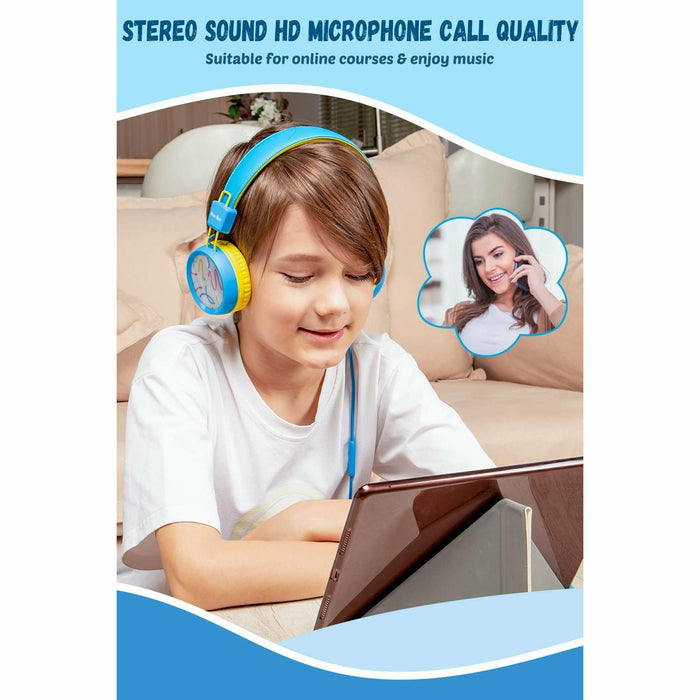 Kids Headphones with Microphone with 85dB/94dB Safe Volume Control Foldable Headphones for School/Travel/Airplane/Smartphone/Kindle/Tablet (Blue/Yellows)