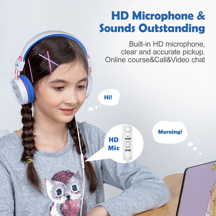 Kids Headphones with Microphone with 85dB/94dB Safe Volume Control Foldable Headphones for School/Travel/Airplane/Smartphone/Kindle/Tablet( Blue/White)