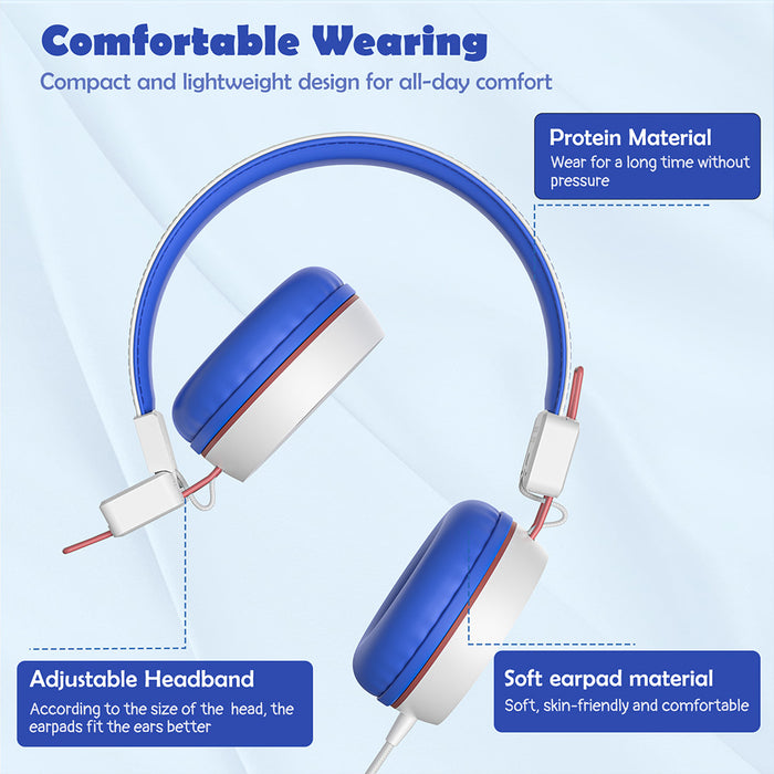 Kids Headphones with Microphone with 85dB/94dB Safe Volume Control Foldable Headphones for School/Travel/Airplane/Smartphone/Kindle/Tablet( Blue/White)