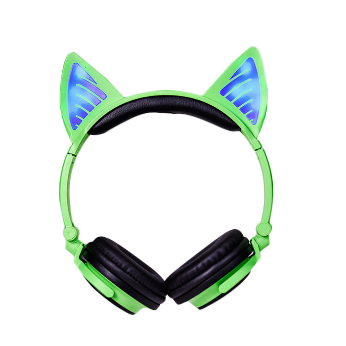 Kids Wireless/ Wired rechargeable  Headphones with Cat Ear On-Ear Foldable LED (Green)